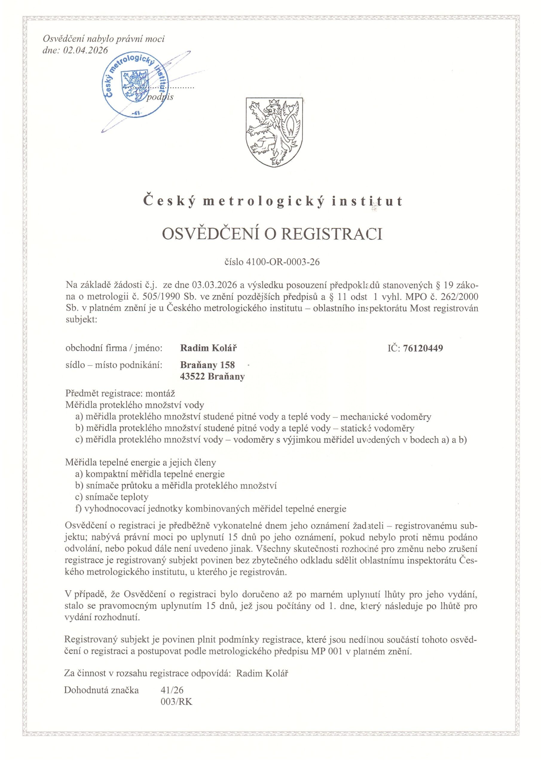 certifikace cmi vodomery